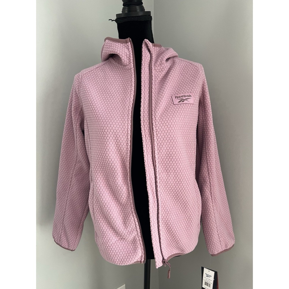Reebok Womens Small Plush Honeycomb Fleece Zip-Up Hooded Jacket Pale Purple Pink